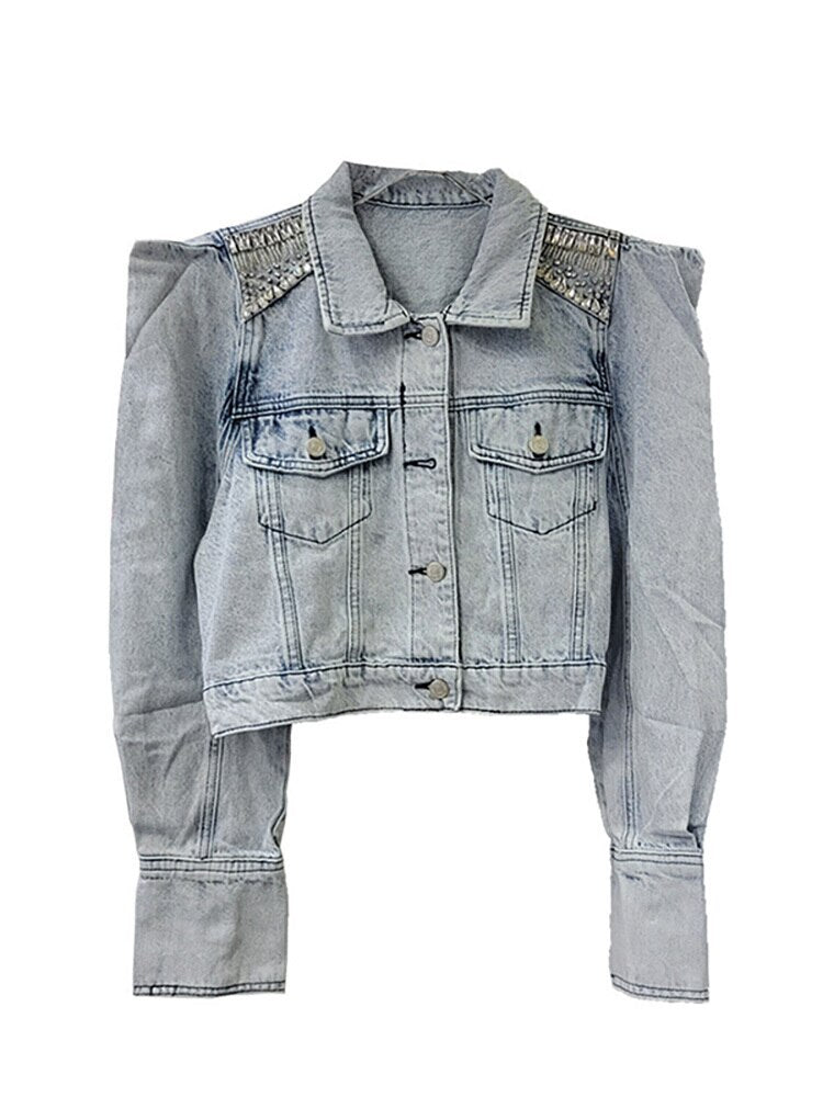 Women's Denim Coat Lapel Puff Sleeve Single Breasted Diamond Inlaid Shoulder Short Jackets