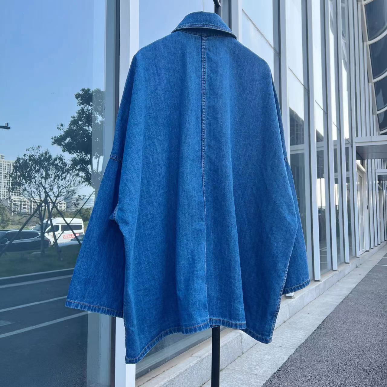 Cotton Loose Denim Coat Women's Silhouette Large Pocket Denim Shirt Long Jacket