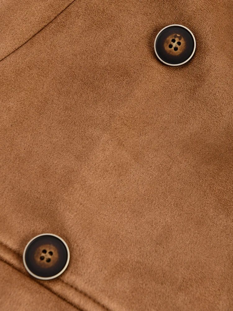 Women Brown Suede Big Size Elegant Trench New Lapel Long Sleeve Loose Fit Windbreaker Fashion Spring Autumn