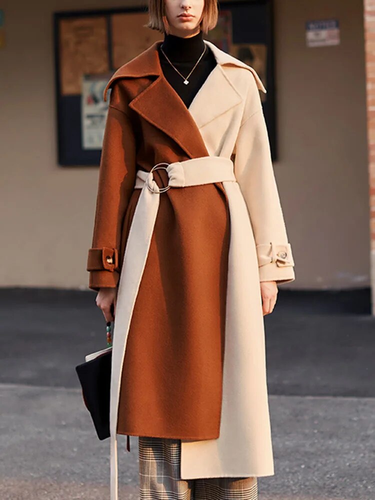 Patchwork Contrast Color Lace-up Wool Coats For Women Vintage Double-side Elegant Overcoat Autumn