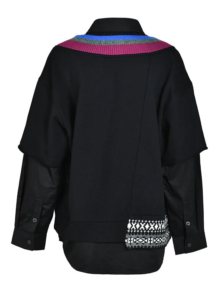Fashion Women's Knit Patchwork Shirt Contrast Color Lapel Full Sleeve Niche Design Sweatshirt Autumn