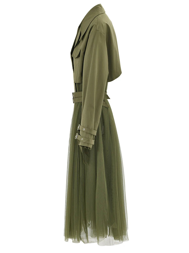 Women Green Belted Mesh Long Big Size Trench New Lapel Long Sleeve Windbreaker Fashion Tide Spring Autumn