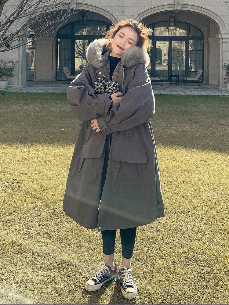 New Winter Style Overcomes Women's Mid length Over knee Plush Thickened Coat Windbreaker Type Cotton Jacket Down Cotton Jacket
