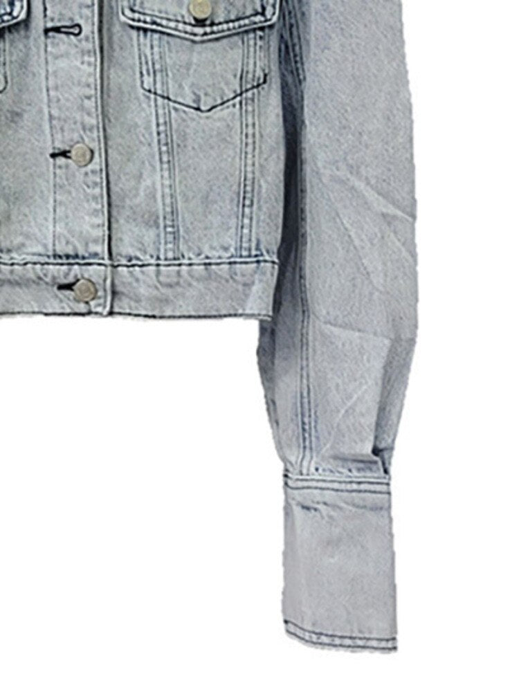 Women's Denim Coat Lapel Puff Sleeve Single Breasted Diamond Inlaid Shoulder Short Jackets