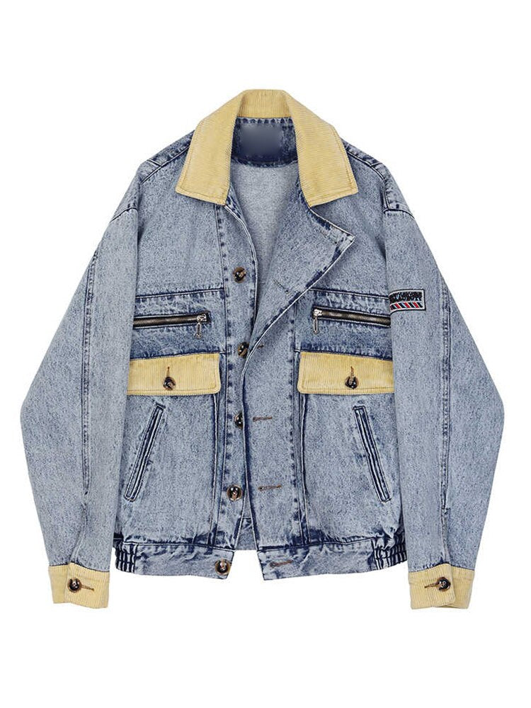 Autumn New Fashion Retro Hong Kong Style Collision Color Splicing Casual Single-Breasted Design Denim Jacket