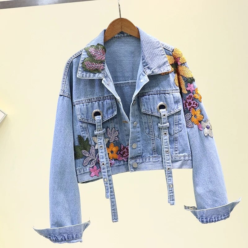 Autumn Denim Jacket Women Flowers Embroidery Sequins Jeans Coat Loose Long Sleeve Casual Student Short Clothes Streetwear H302