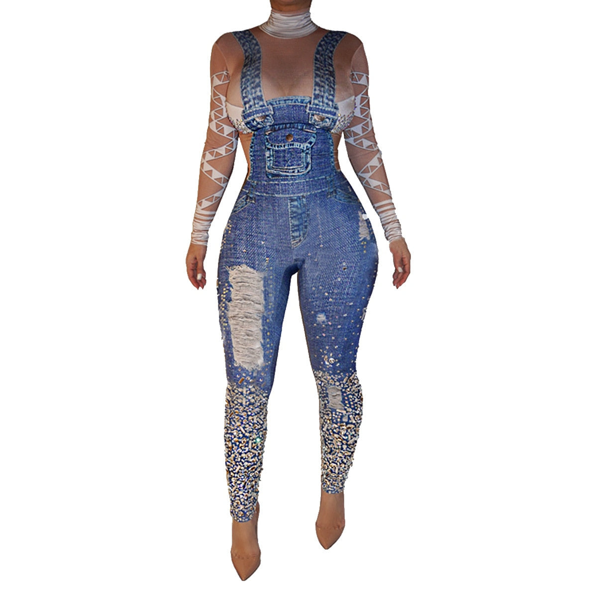 Women Fashion Sexy Plus Size Print Jeans Rompers Strap Pocket Denim Casual Loose Jumpsuit Long Pants