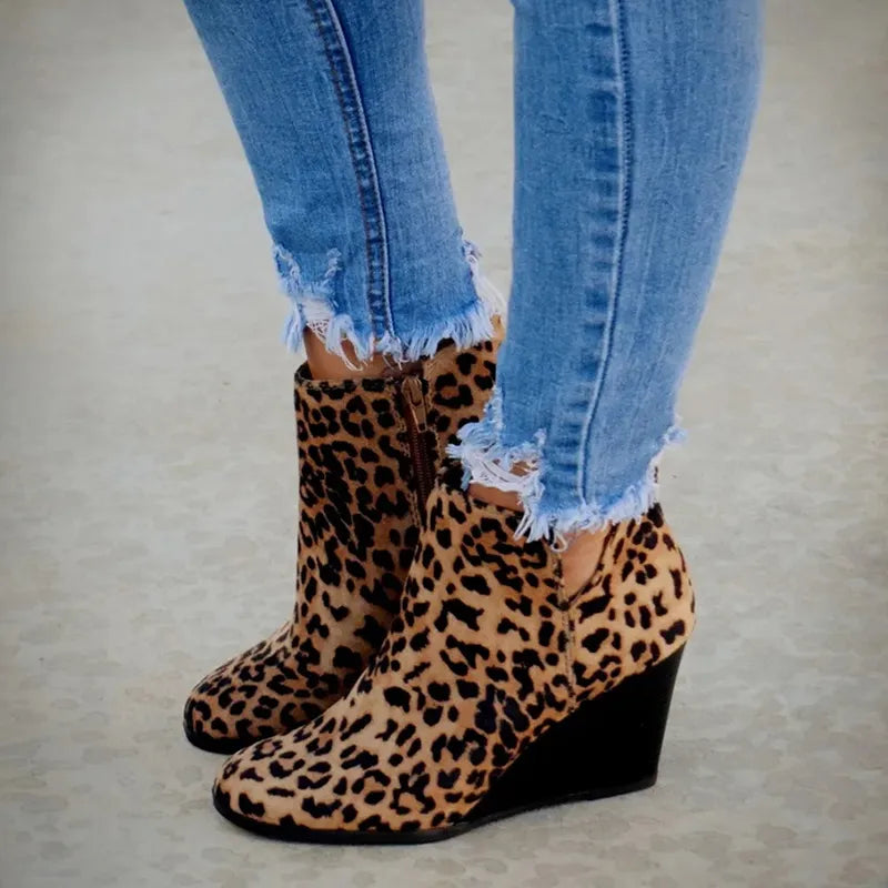 Pointed Toe Winter Women Leopard Ankle Boots Lace Up Platform High Heels Wedges Shoes - US2EInc Apparel Plug Ltd. Co