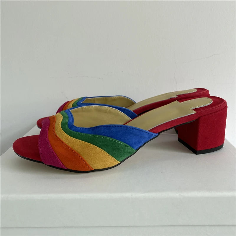 Colorful Sandals Women Peep Toe Chunky Square High Heel Rainbow - US2EInc Apparel Plug Ltd. Co