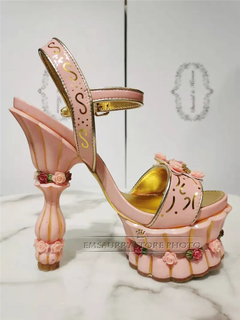 Print Flower Womens High Platform Sandals Sweet Pink Banquet - US2EInc Apparel Plug Ltd. Co