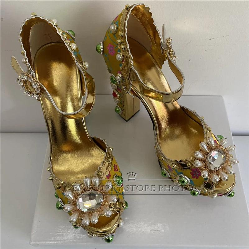 Luxury Embroidery Satin Wedding Shoes Woman Rivet Decor Platform Chunky Heel Beaded Rhinestone Summer Sandals Women - US2EInc Apparel Plug Ltd. Co