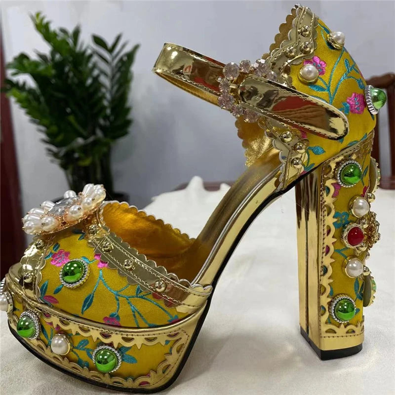 Luxury Embroidery Satin Wedding Shoes Woman Rivet Decor Platform Chunky Heel Beaded Rhinestone Summer Sandals Women - US2EInc Apparel Plug Ltd. Co