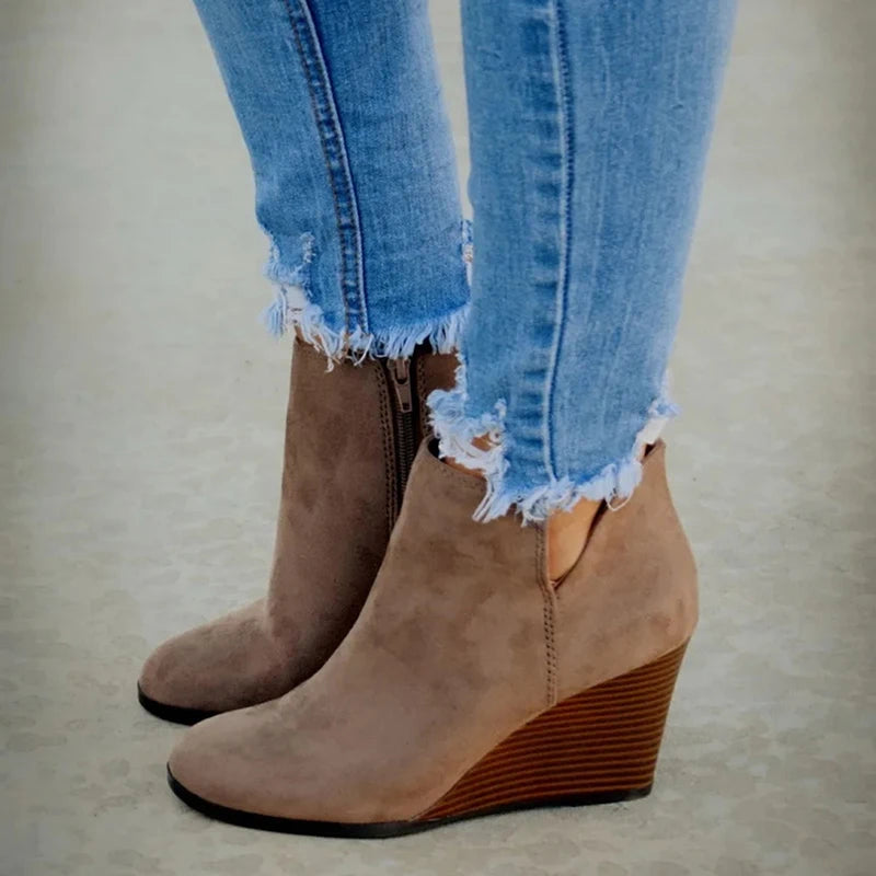Pointed Toe Winter Women Leopard Ankle Boots Lace Up Platform High Heels Wedges Shoes - US2EInc Apparel Plug Ltd. Co