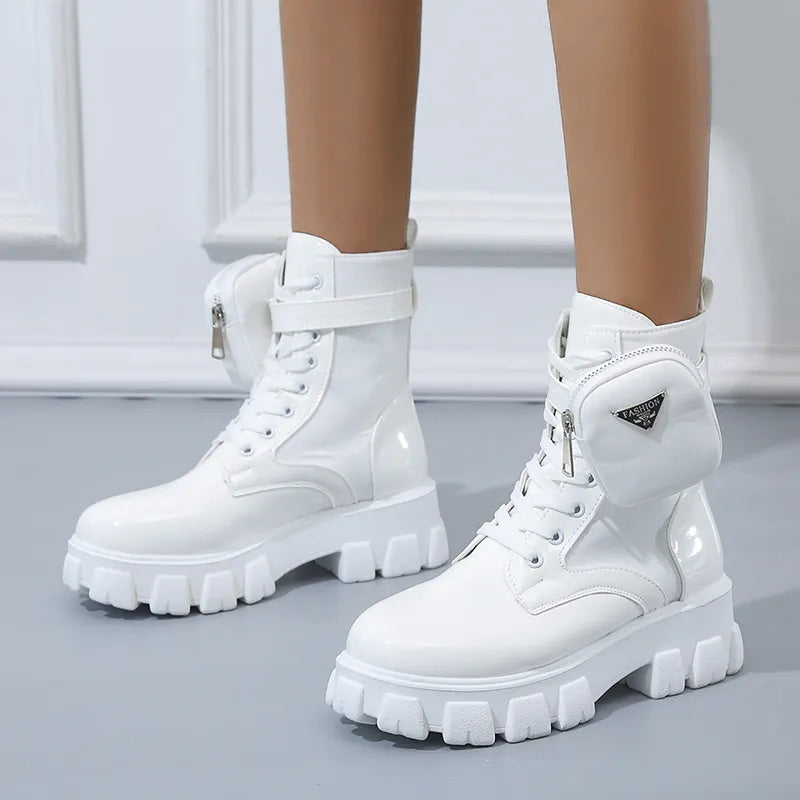 New Botas Women Motorcycle Ankle Boots Wedge Lace Up Platforms Black Leather Oxford Shoes - US2EInc Apparel Plug Ltd. Co