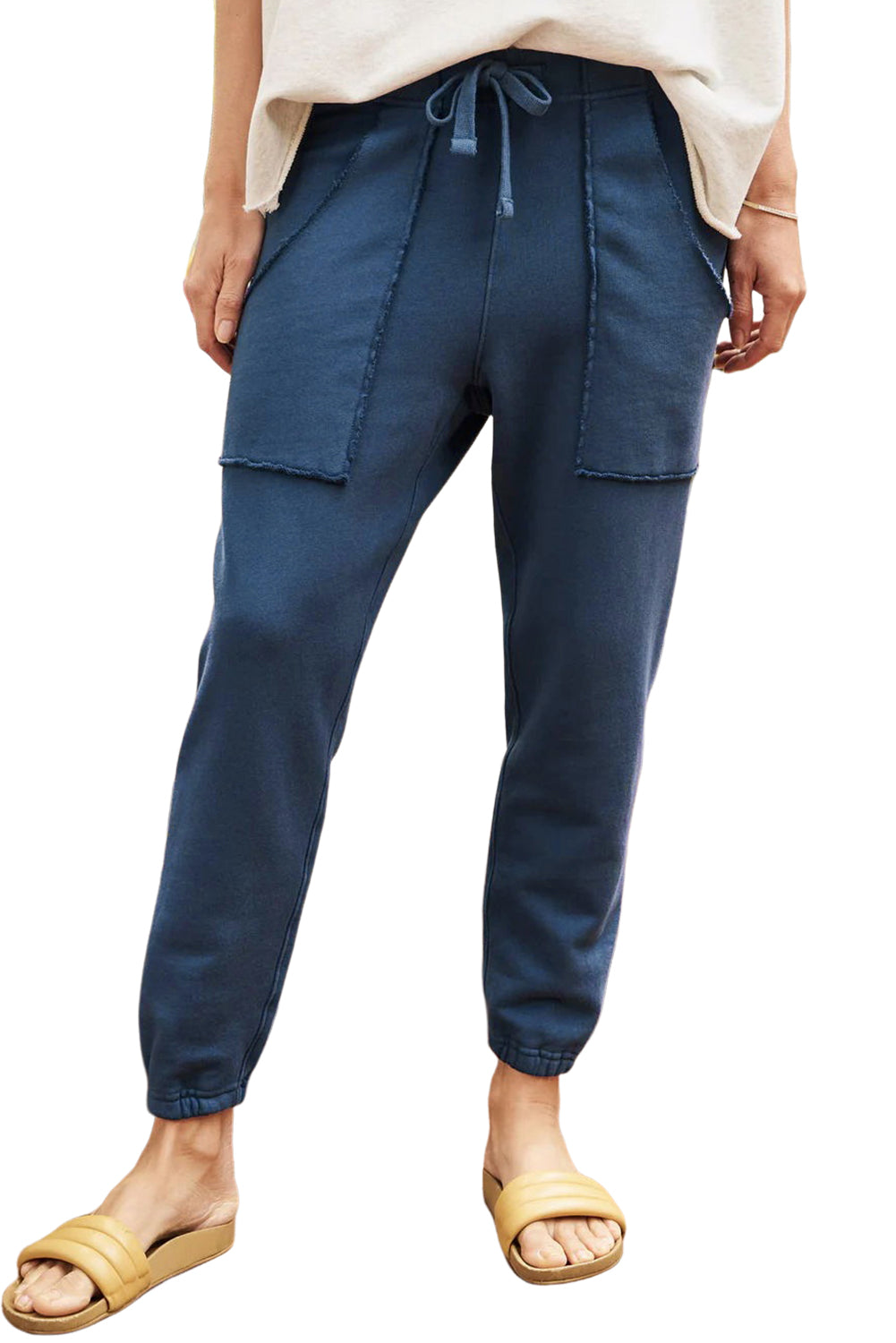 Navy Blue Drawstring Frayed Pockets Jogger Womens Pants - US2EInc Apparel Plug Ltd. Co