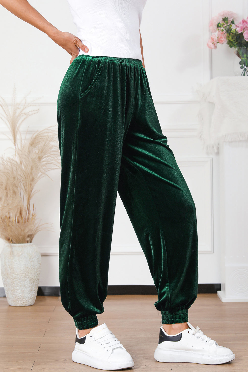 Green Solid Velvet Jogger Womens Pants - US2EInc Apparel Plug Ltd. Co