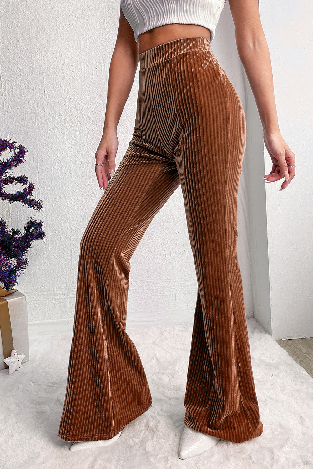 Chestnut Solid Color High Waist Flare Corduroy Womens Pants - US2EInc Apparel Plug Ltd. Co