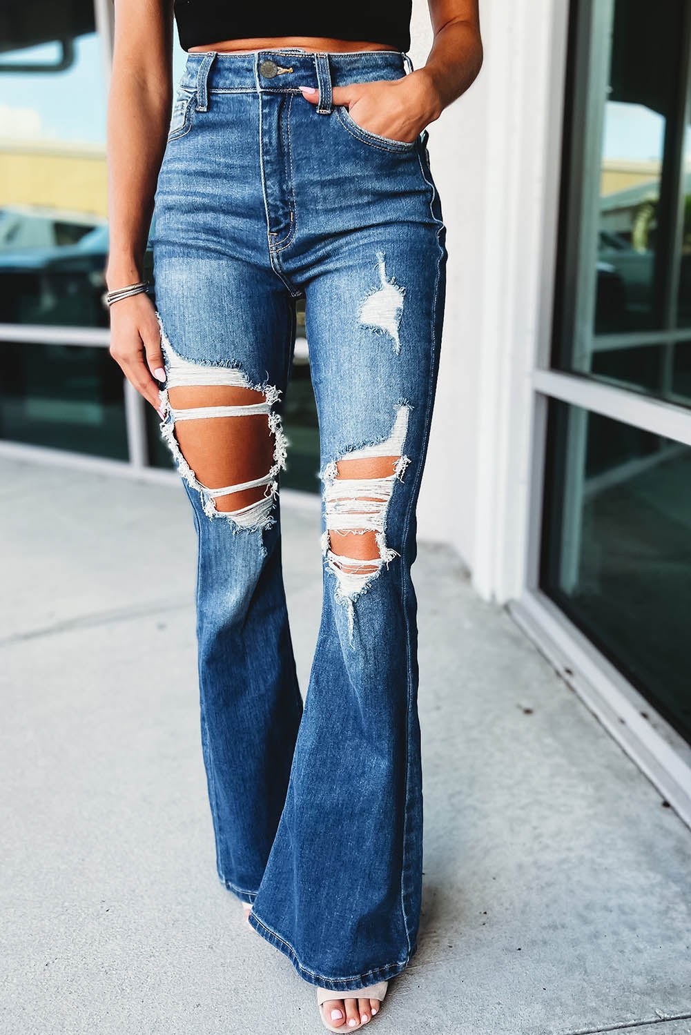 Womens Blue High Waist Distressed Cutout Flare Leg Jeans - US2EInc Apparel Plug Ltd. Co