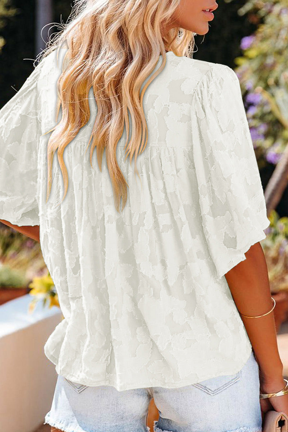 White Floral Textured V Neck Buttoned Blouse Womens - US2EInc Apparel Plug Ltd. Co