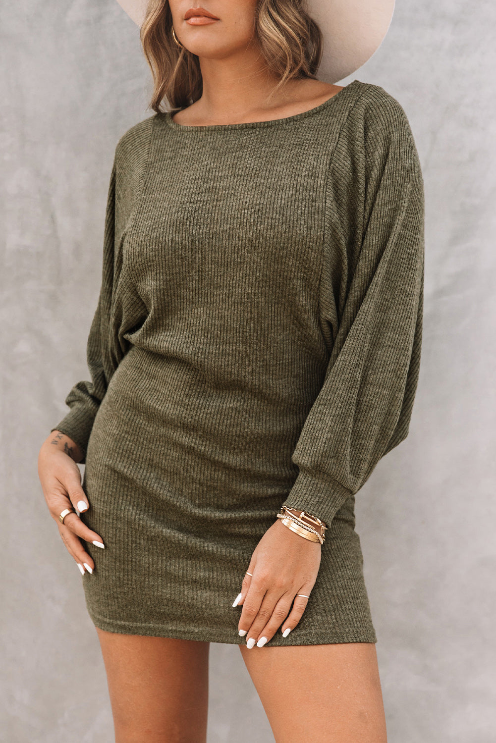 Green Batwing Sleeves Ribbed Knit Womens Sweater Dress - US2EInc Apparel Plug Ltd. Co