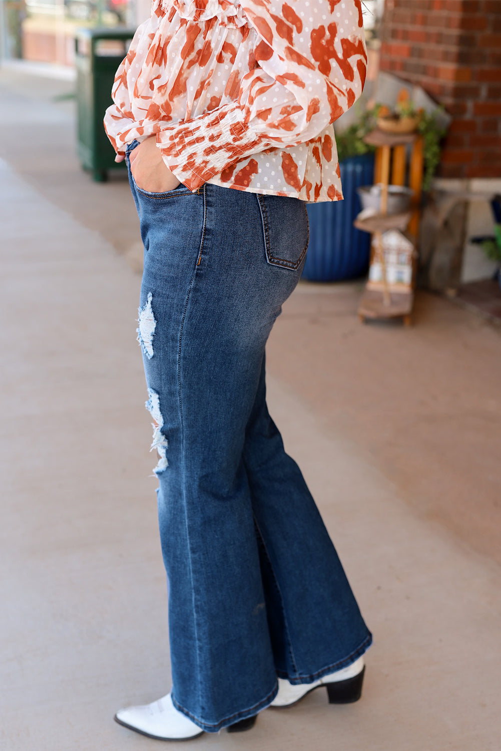 Womens Blue High Waist Distressed Cutout Flare Leg Jeans - US2EInc Apparel Plug Ltd. Co