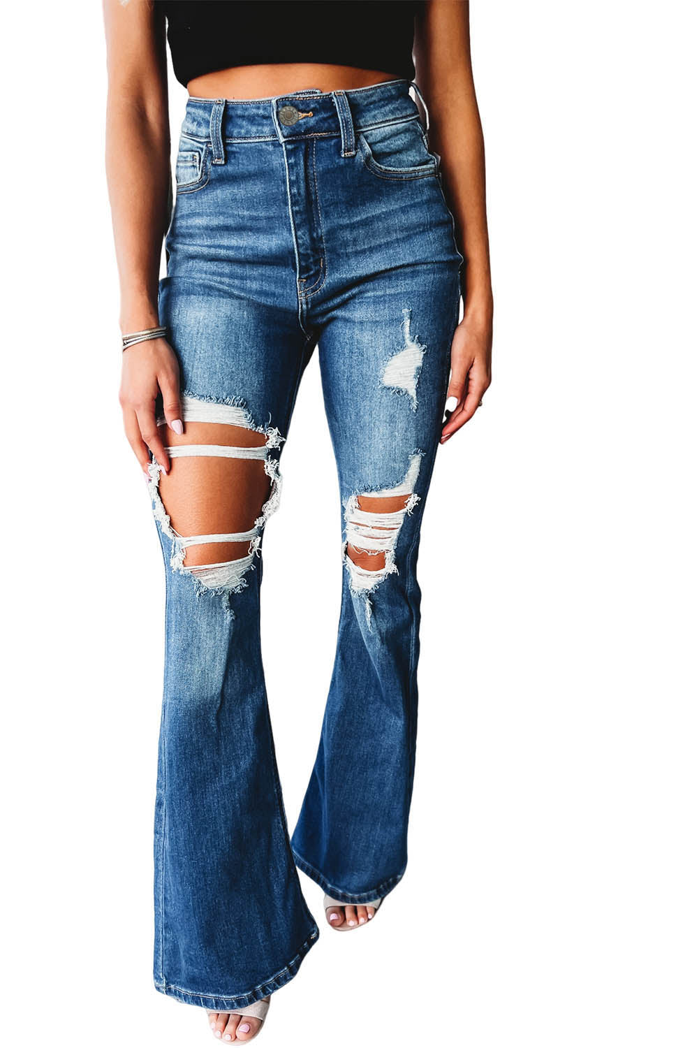 Womens Blue High Waist Distressed Cutout Flare Leg Jeans - US2EInc Apparel Plug Ltd. Co