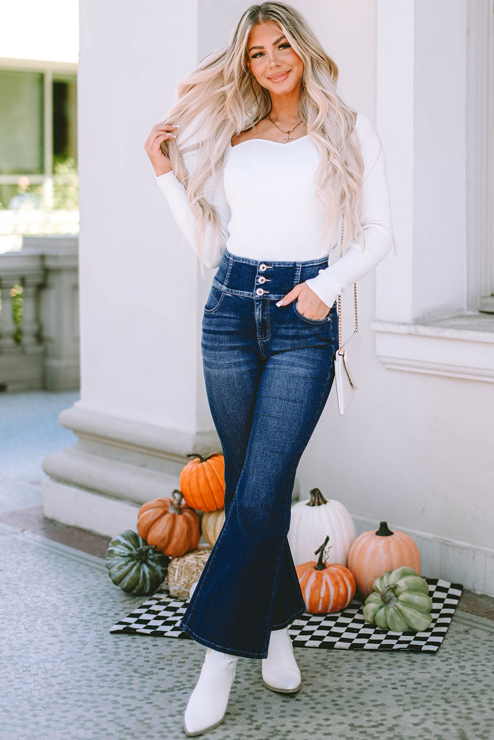 Blue Buttons Elastic Wide Waistband Back Flare Womens Jeans - US2EInc Apparel Plug Ltd. Co