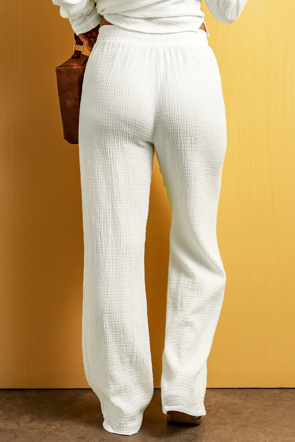 White Textured Loose Fit Drawstring High Waist Womens Pants - US2EInc Apparel Plug Ltd. Co