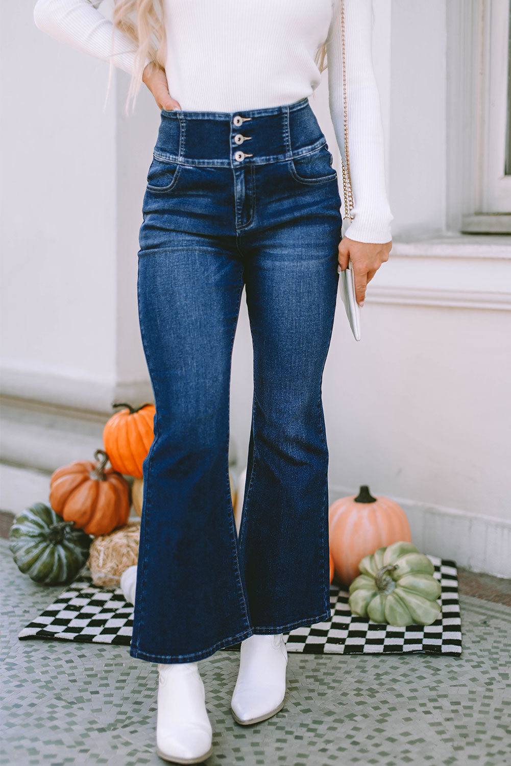 Blue Buttons Elastic Wide Waistband Back Flare Womens Jeans - US2EInc Apparel Plug Ltd. Co
