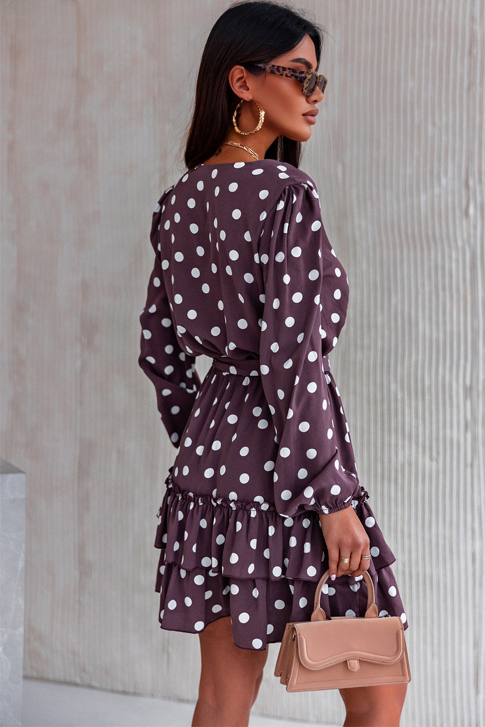 Brown Polka Dot Print Lace-up Ruffled Mini Womens Dress - US2EInc Apparel Plug Ltd. Co