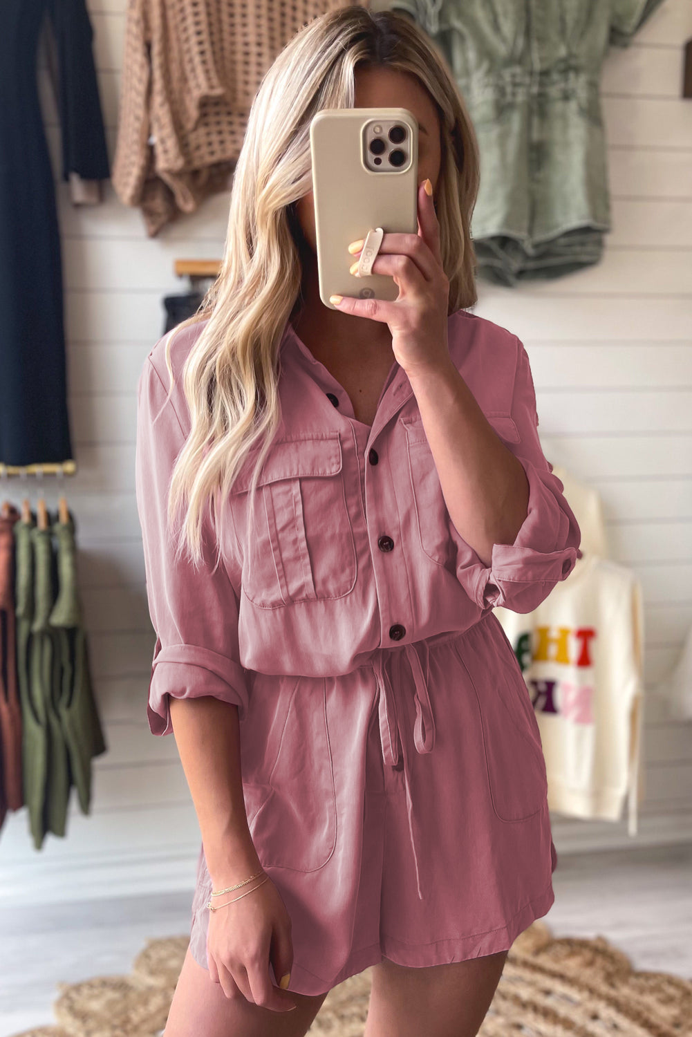 Jungle Green Roll up Sleeve Flap Pockets Womens Drawstring Playsuit - US2EInc Apparel Plug Ltd. Co
