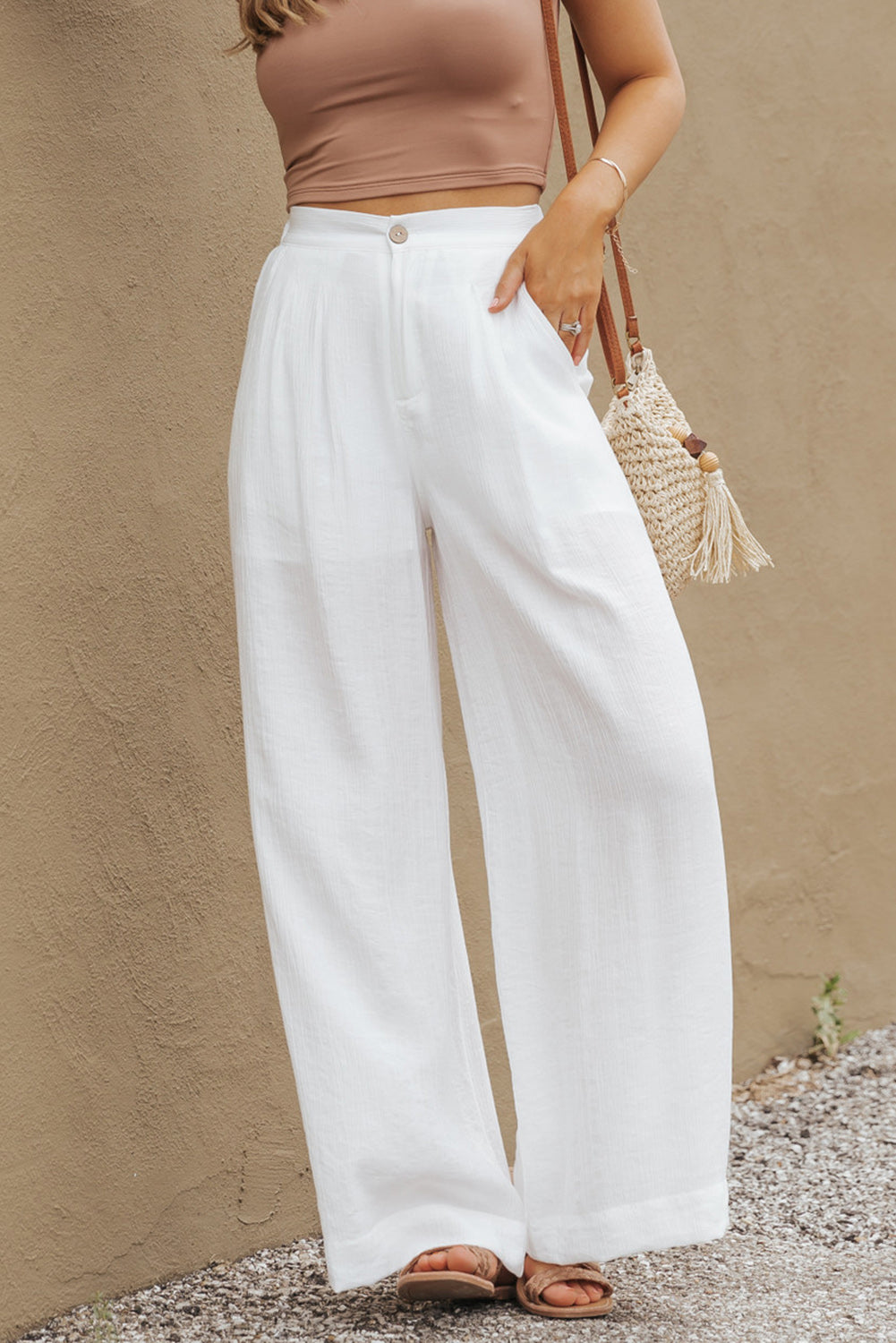White Solid Color Elastic Waist Pleated Wide Leg Womens Pants - US2EInc Apparel Plug Ltd. Co