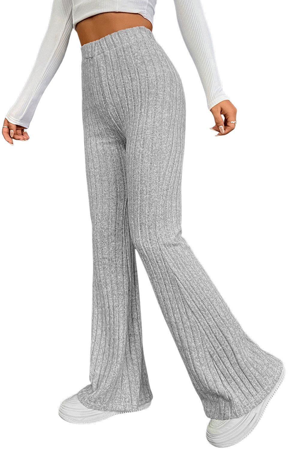 Gray Solid Color High Waist Ribbed Flare Womens Pants - US2EInc Apparel Plug Ltd. Co