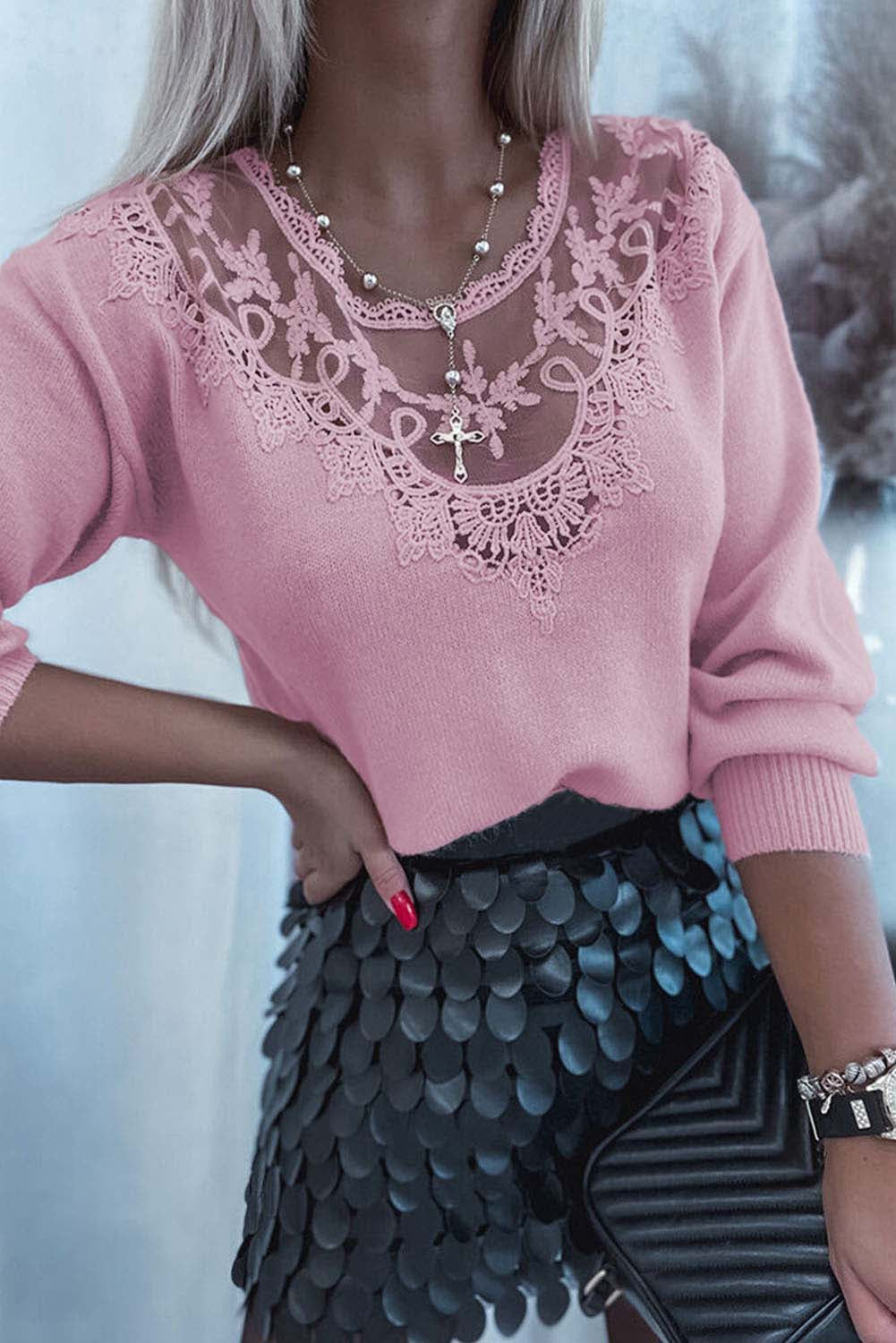 Pink Lace Splicing Knitted Womens Sweater - US2EInc Apparel Plug Ltd. Co