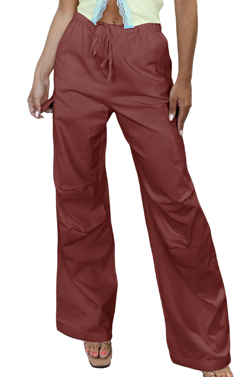 Mineral Red Solid Color Drawstring Waist Wide Leg Cargo Womens Pants - US2EInc Apparel Plug Ltd. Co