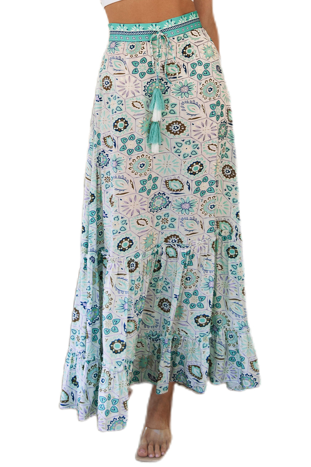 Sky Blue Boho Floral Print Maxi Womens Skirt - US2EInc Apparel Plug Ltd. Co
