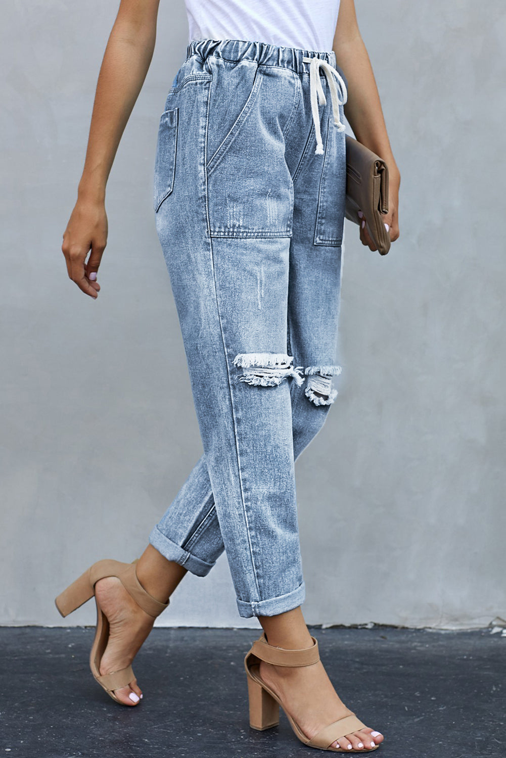 Black Gather Round Distressed Pocketed Denim Womens Jogger - US2EInc Apparel Plug Ltd. Co