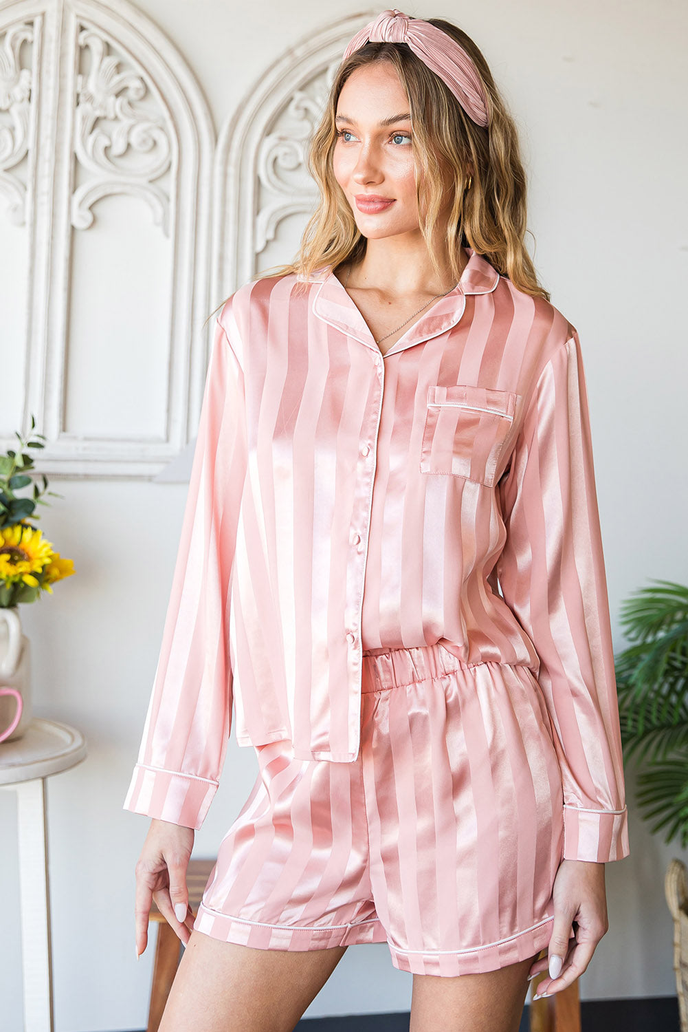 Pink Striped Print Buttoned Shirt and Drawstring Womens Shorts Lounge Set - US2EInc Apparel Plug Ltd. Co