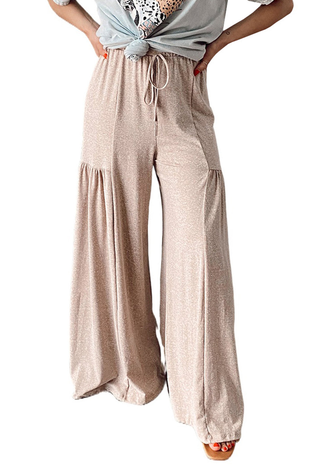 Khaki Drawstring Pleated Wide Leg Womens Pants - US2EInc Apparel Plug Ltd. Co