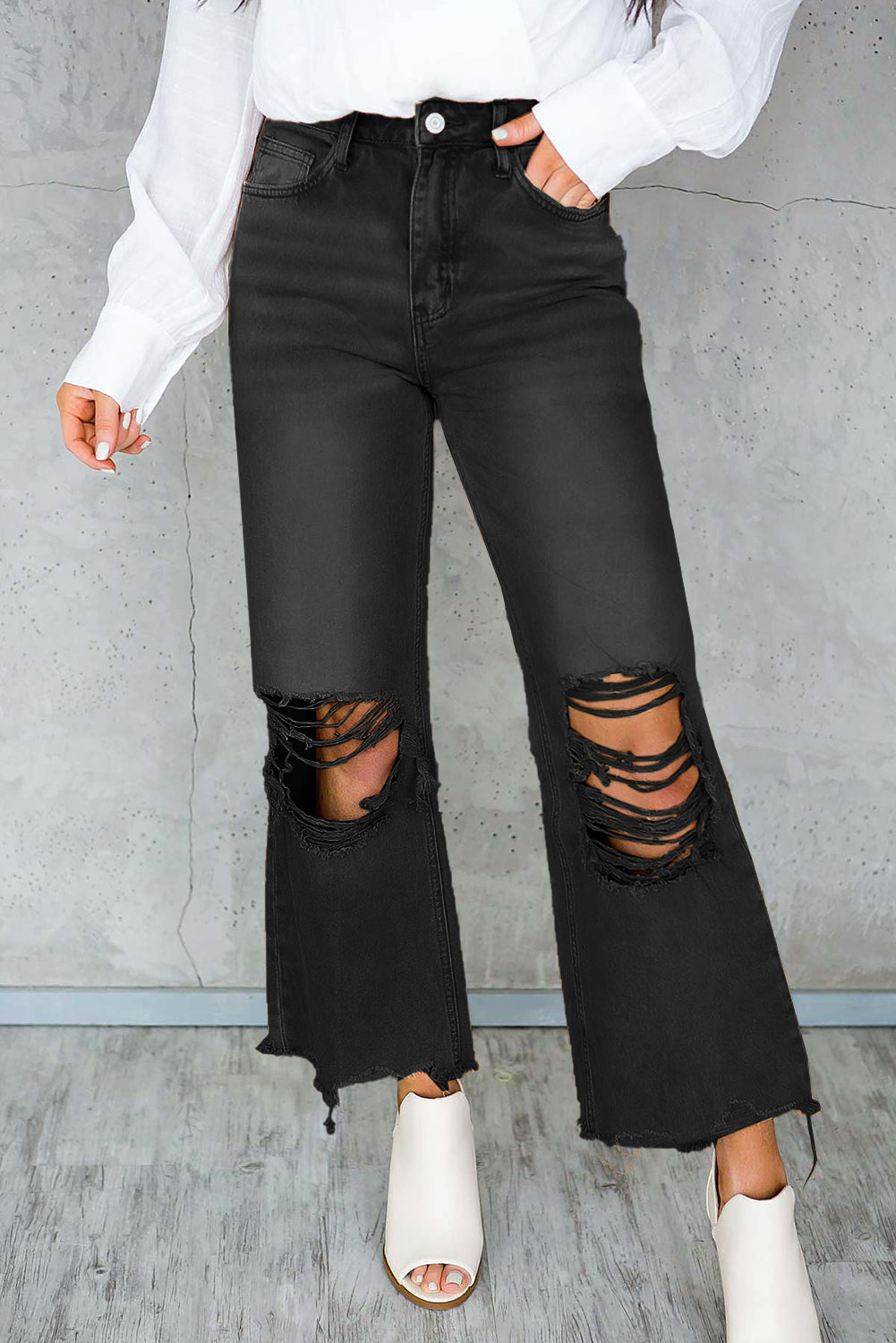 Black Distressed Hollow-out High Waist Cropped Flare Womens Jeans - US2EInc Apparel Plug Ltd. Co