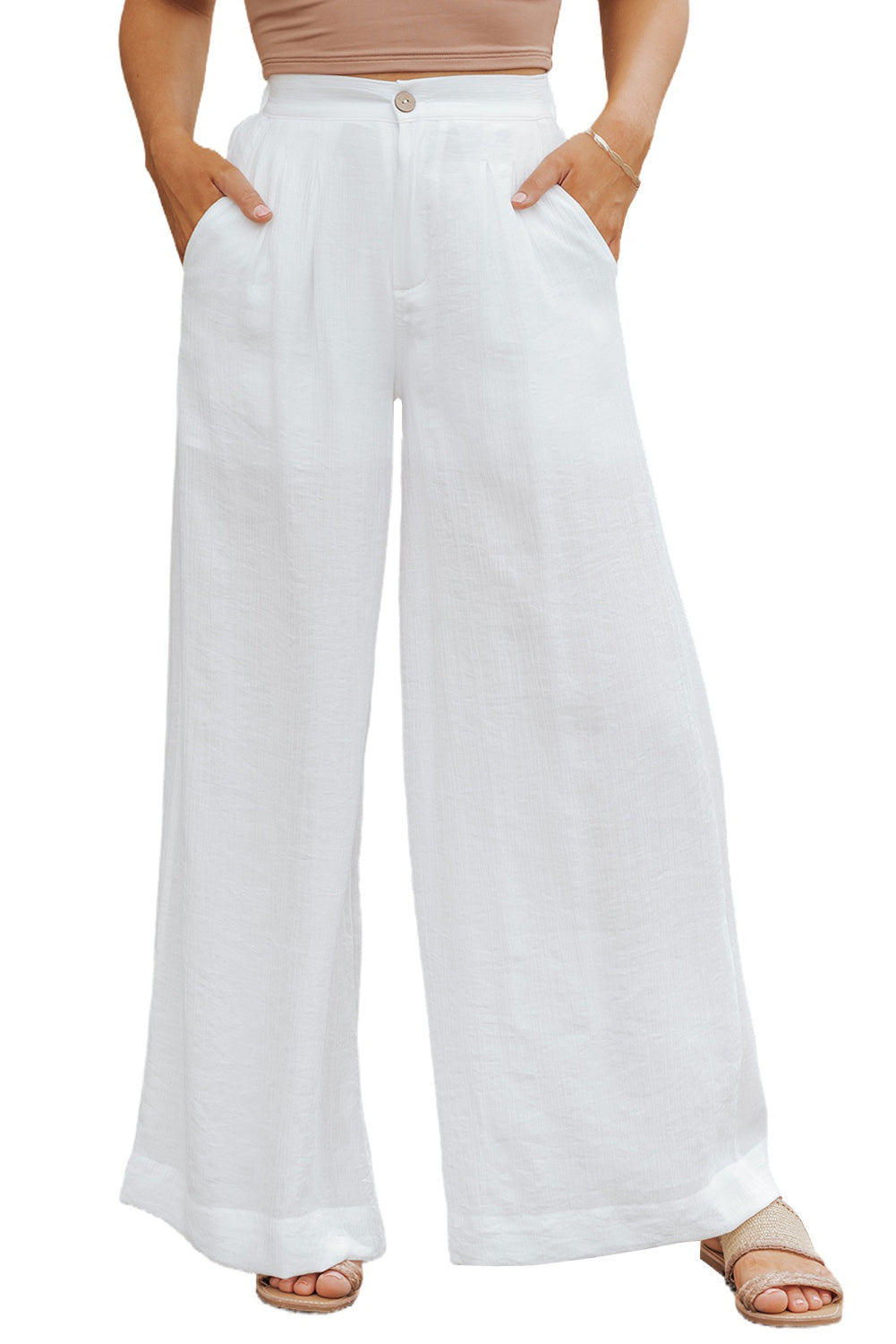 White Solid Color Elastic Waist Pleated Wide Leg Womens Pants - US2EInc Apparel Plug Ltd. Co