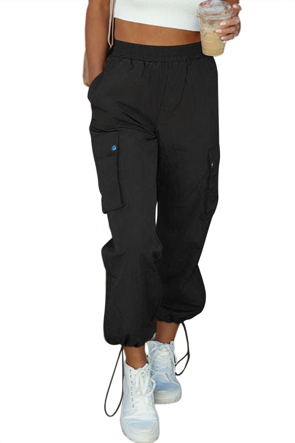 Black Elastic Waist Drawstring Cuffs Cargo Womens Pants - US2EInc Apparel Plug Ltd. Co