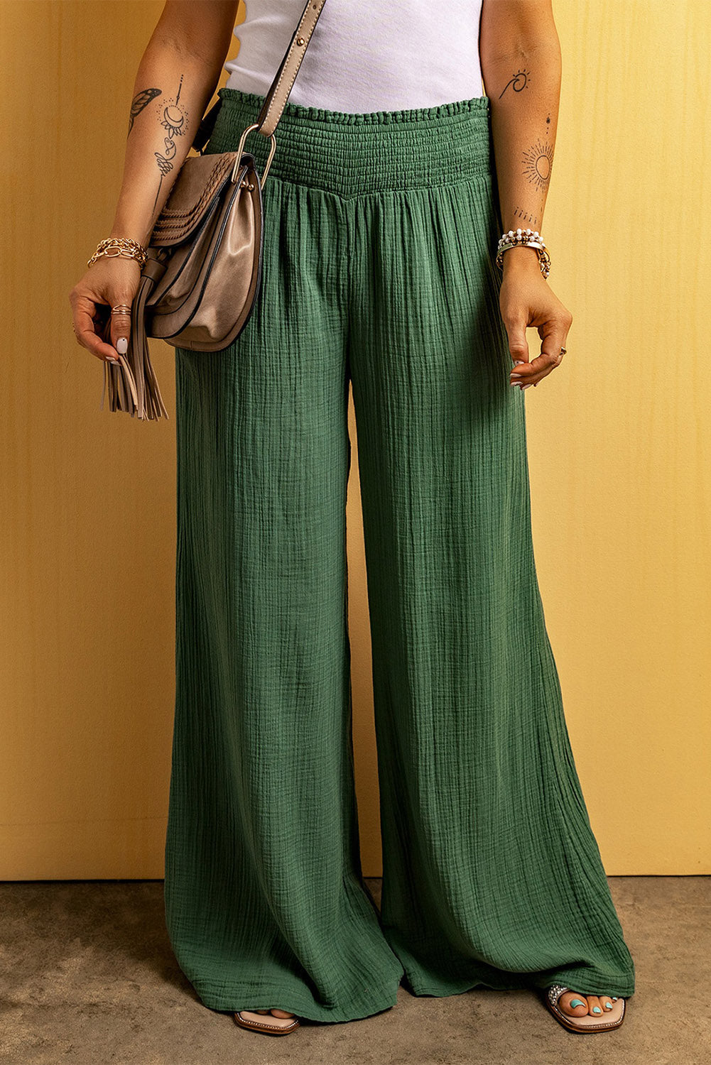 Green Smocked Waist Crinkled Wide Leg Womens Pants - US2EInc Apparel Plug Ltd. Co