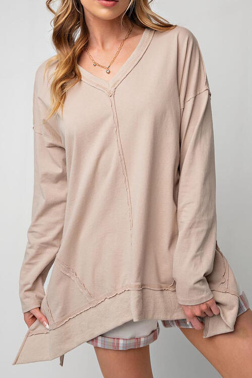 Exposed Seam V-Neck Long Sleeve Slit Womens Sweatshirt - US2EInc Apparel Plug Ltd. Co