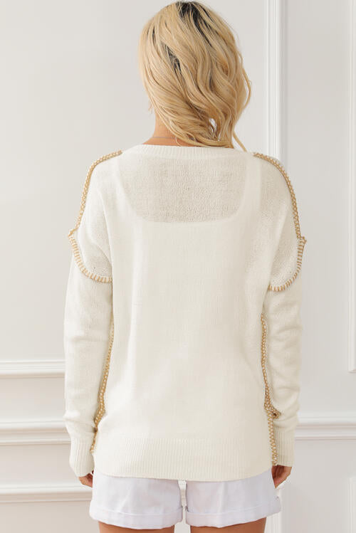 Exposed Seam Round Neck Long Sleeve Sweater - US2EInc Apparel Plug Ltd. Co
