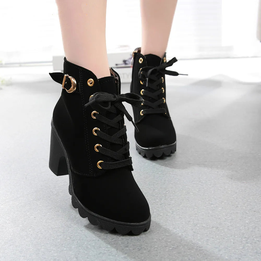New Autumn Winter Women Boots High Quality Solid Lace-up Shoes - US2EInc Apparel Plug Ltd. Co