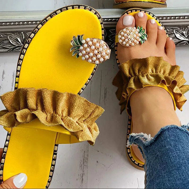 Women Flat Sandals Pineapple Beaded Slippers Shoes - US2EInc Apparel Plug Ltd. Co