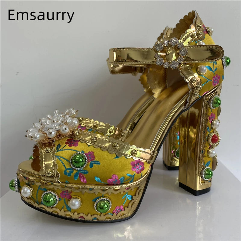 Luxury Embroidery Satin Wedding Shoes Woman Rivet Decor Platform Chunky Heel Beaded Rhinestone Summer Sandals Women - US2EInc Apparel Plug Ltd. Co