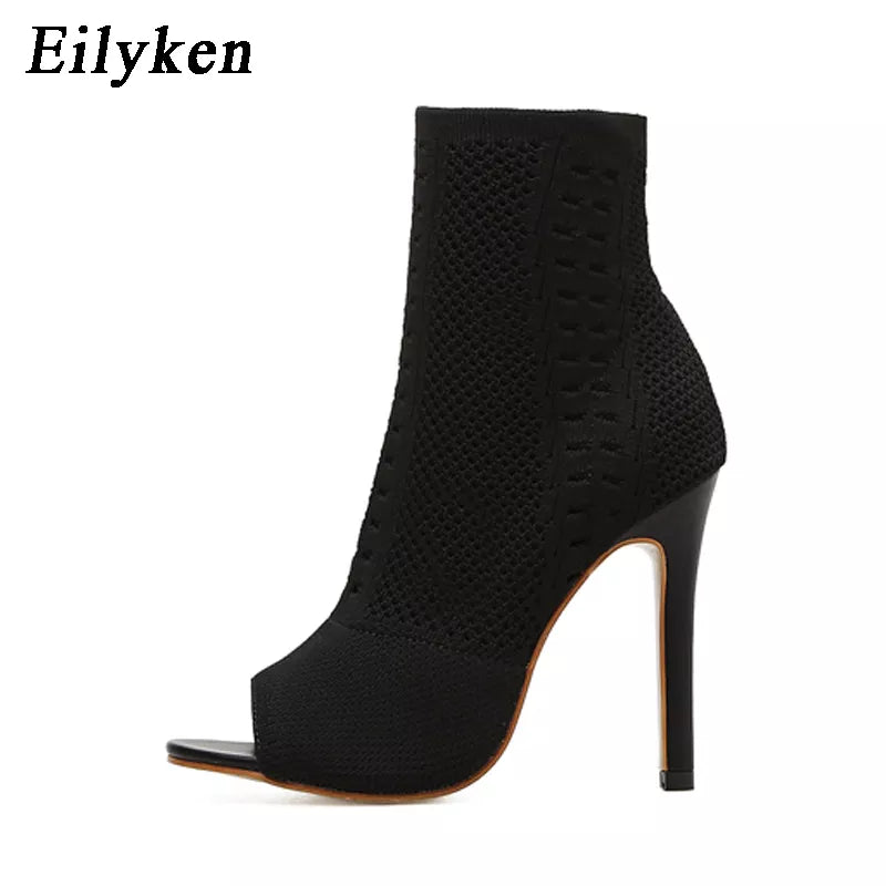 New Women Stretch Breathable Fabric Peep Toe Ankle High heel Boots - US2EInc Apparel Plug Ltd. Co