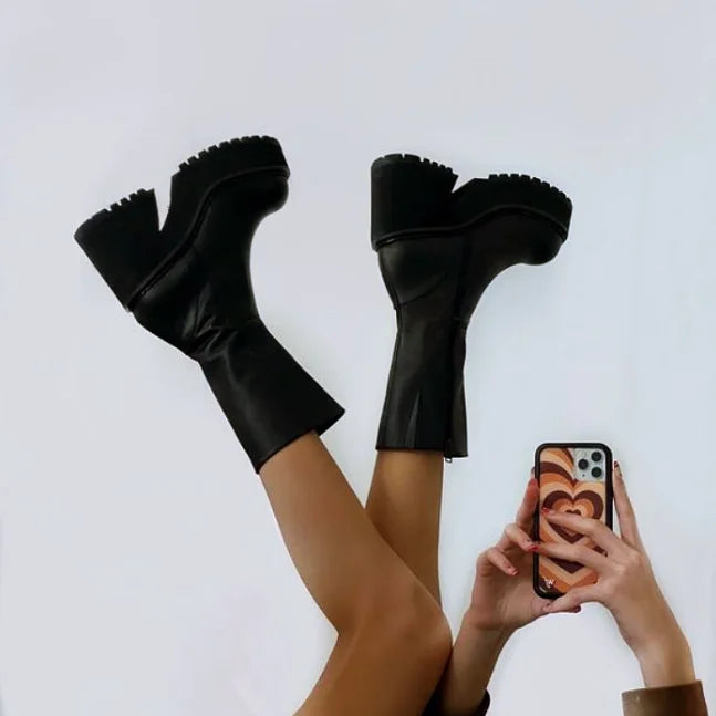 Platform Genuine Leather Ankle Boots Shoes Womens Mid Calf Ankle - US2EInc Apparel Plug Ltd. Co